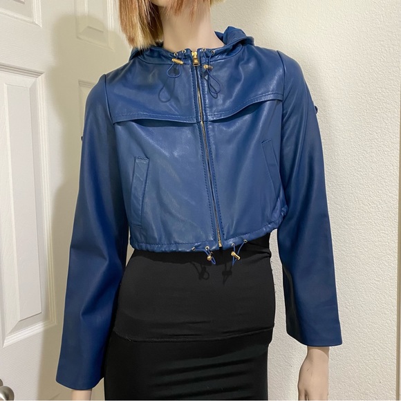 BCBGMaxAzria Blue Cropped Hooded 100% Leather Jacket Size XS - Picture 3 of 16